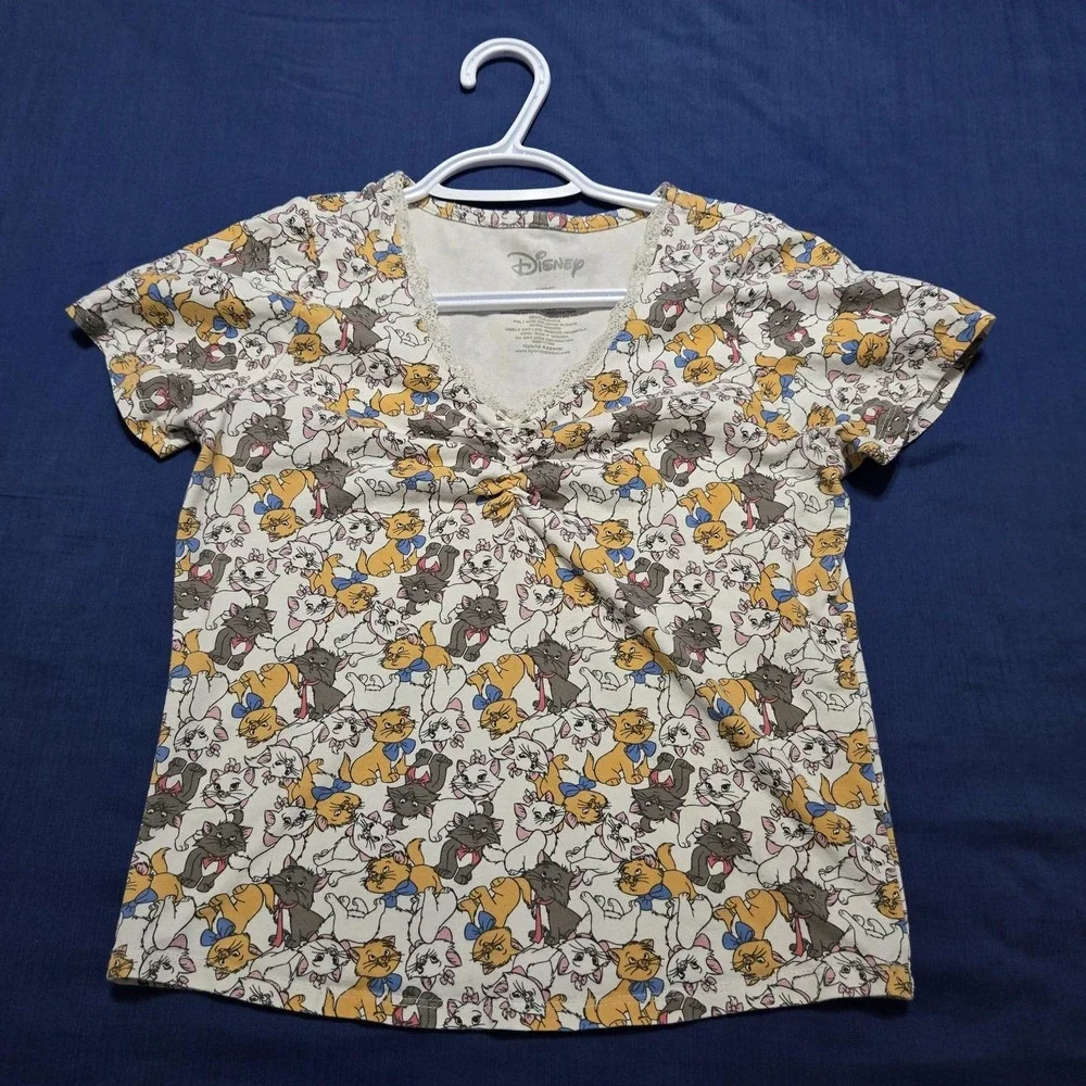 Disney Top Womens Small Lace Trim Aristocats Marie Cat Print Ruched V-Neck